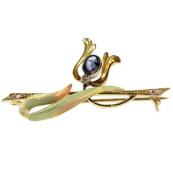 Enameled Art Nouveau brooch with diamonds and sapphire